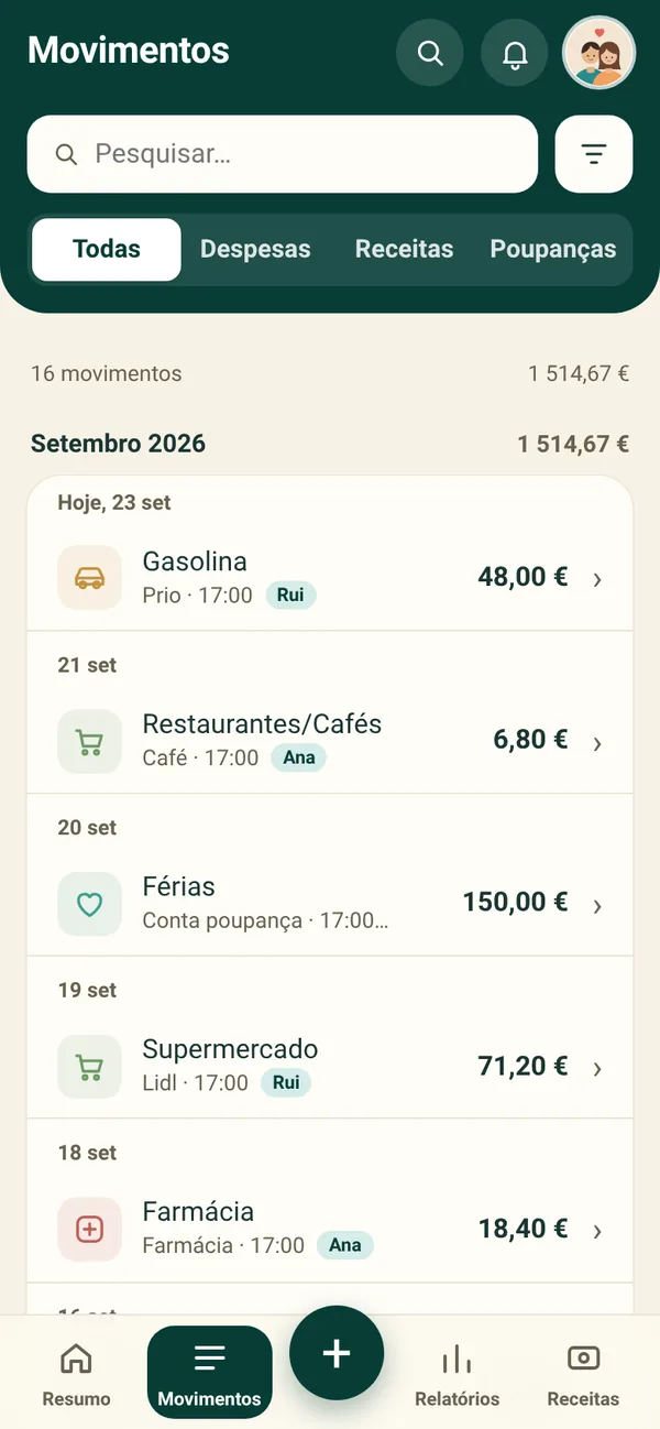 Ecrã Movimentos do Mealheiro: as despesas do mês por dia, com quem pagou cada uma