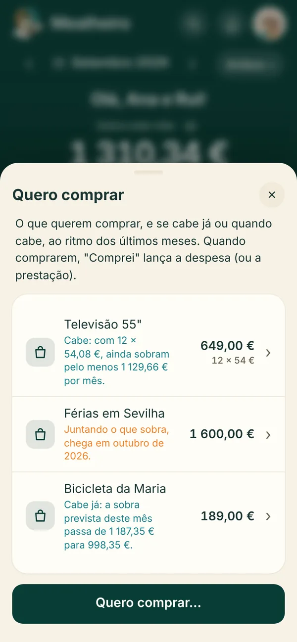 O Quero comprar no Mealheiro: uma televisão em 12 prestações que cabe, umas férias que chegam em outubro juntando o que sobra e uma bicicleta que cabe já